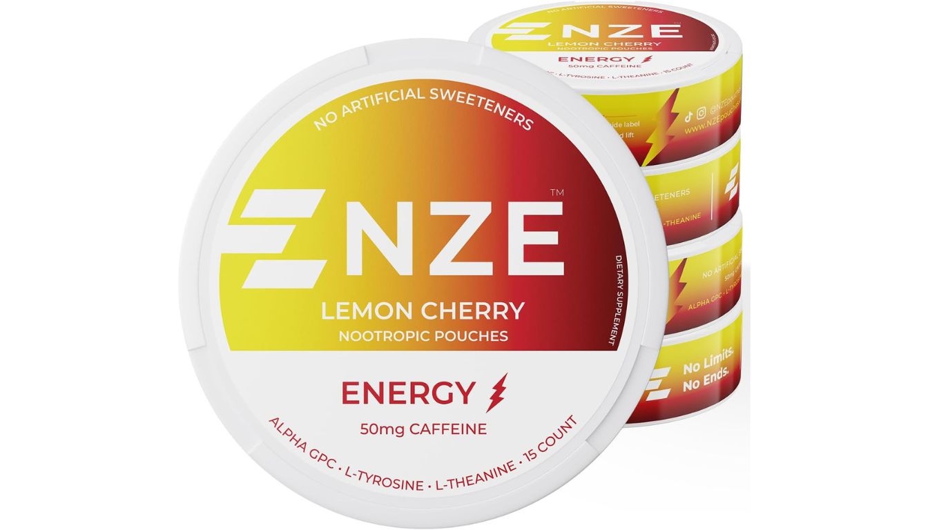 A container of NZE Lemon Cherry Nootropic Pouches featuring 50mg caffeine, with highlights like "Energy," "No Artificial Sweeteners," and key ingredients such as Alpha GPC, L-Tyrosine, and L-Theanine.