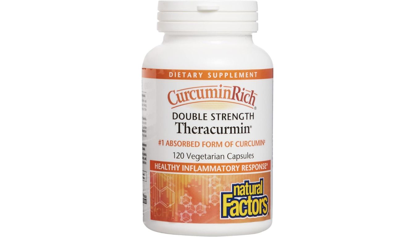 A bottle of Natural Factors CurcuminRich Double Strength Theracurmin, featuring a white label with orange accents and text highlighting its advanced absorption formula.