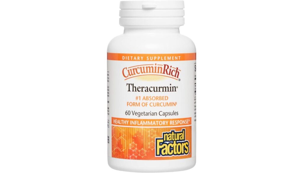A bottle of Natural Factors CurcuminRich Theracurmin dietary supplement with 60 vegetarian capsules, labeled as the #1 absorbed form of curcumin.