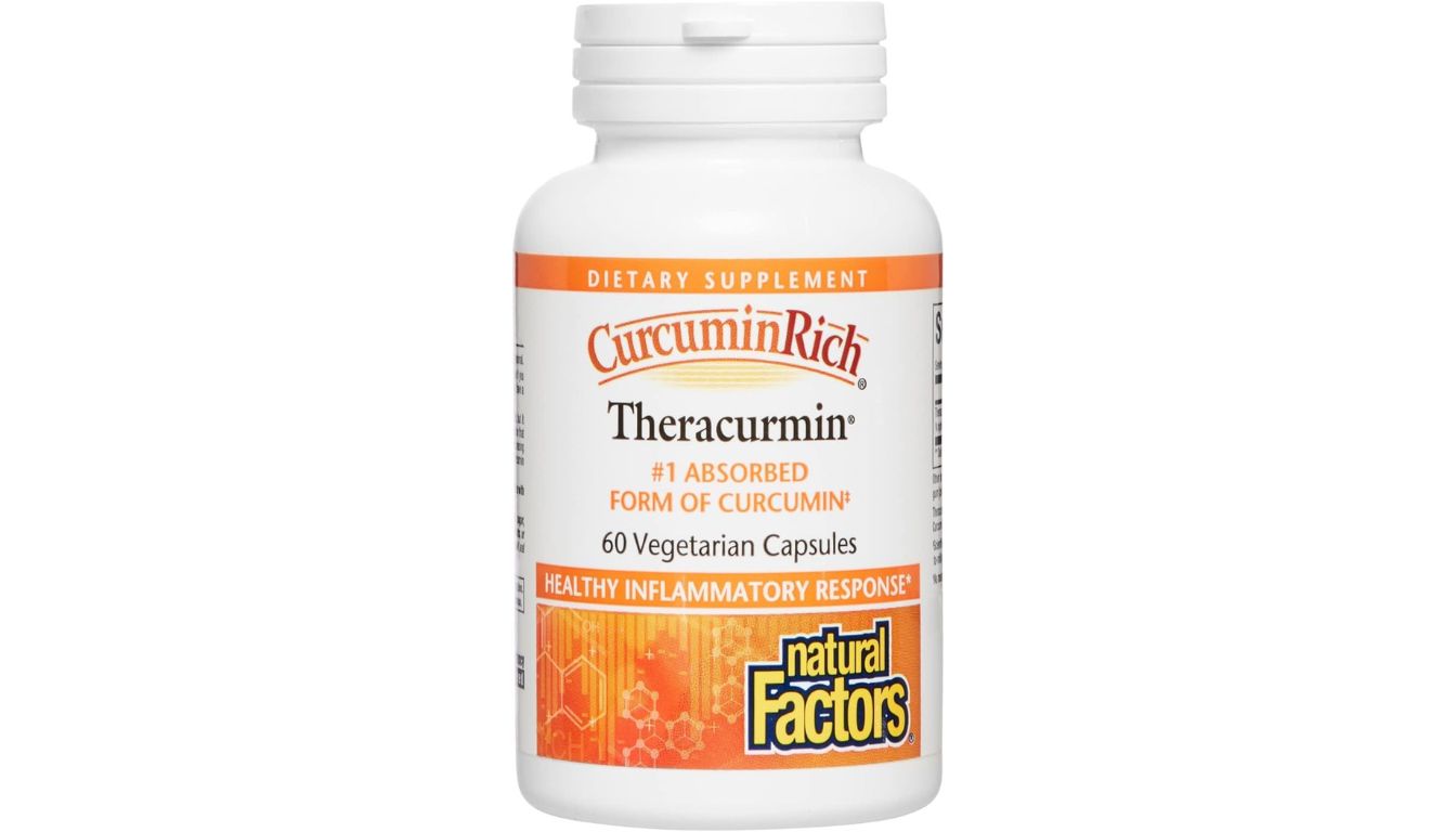 A bottle of Natural Factors CurcuminRich Theracurmin dietary supplement with 60 vegetarian capsules, labeled as the #1 absorbed form of curcumin.