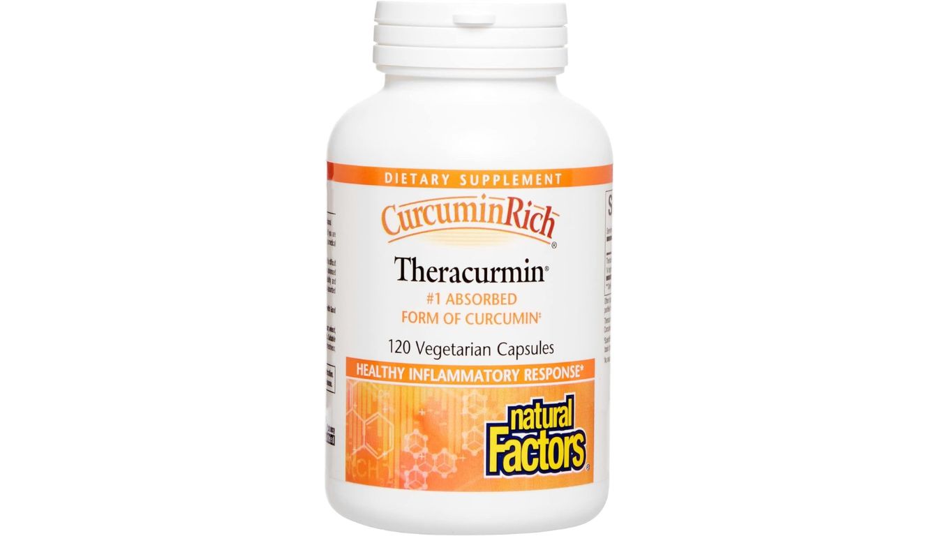 A bottle of Natural Factors CurcuminRich Theracurmin, featuring a sleek label with bold text emphasizing its advanced curcumin absorption formula.