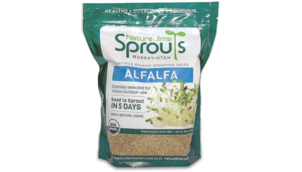 A package of Nature Jim's Sprouts Alfalfa seeds, labeled as certified organic sprouting seeds, with a green and white design.