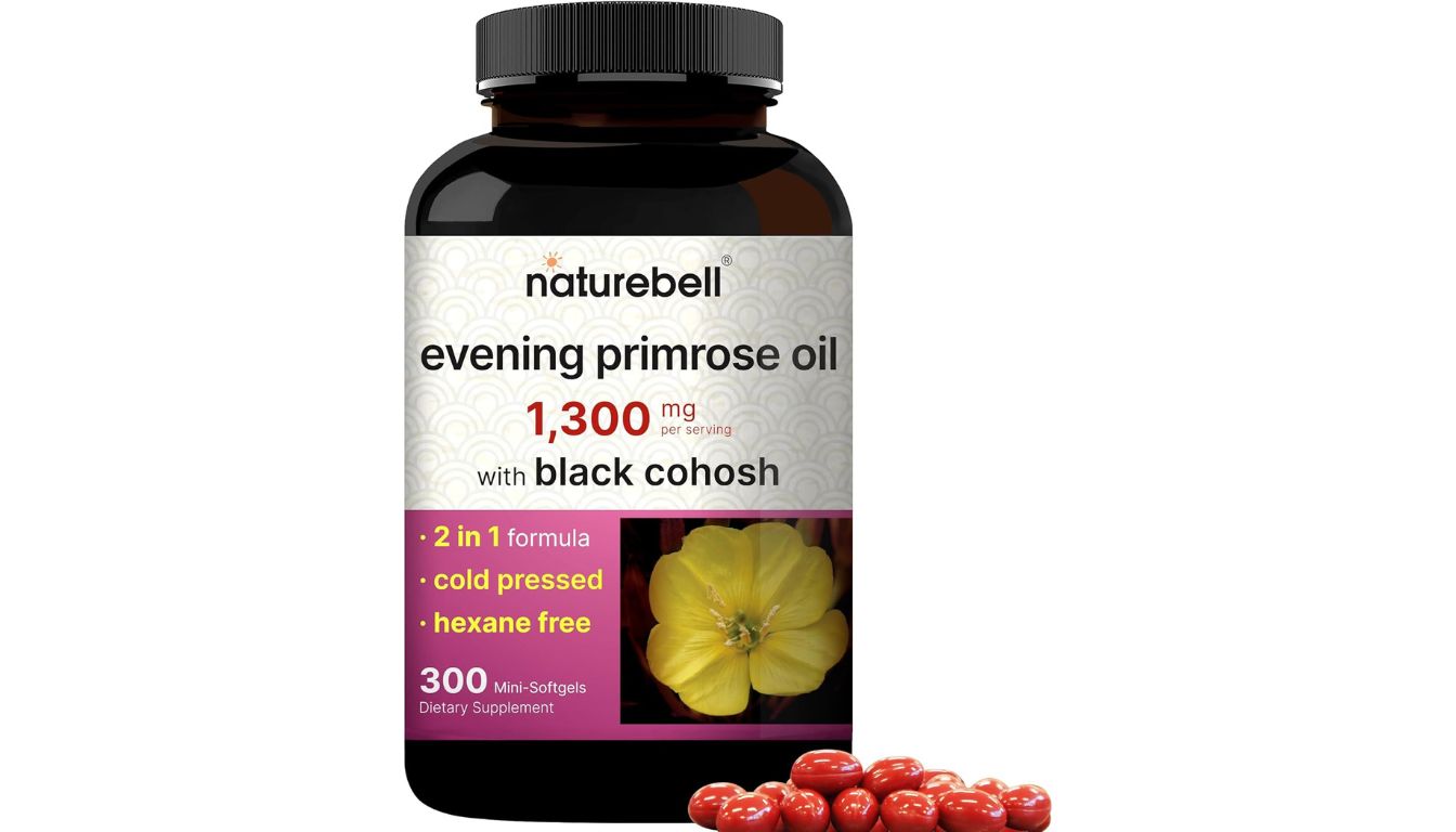 A black bottle of NatureBell Evening Primrose Oil with Black Cohosh, showcasing a 1300 mg per serving formula and 300 mini-softgels.