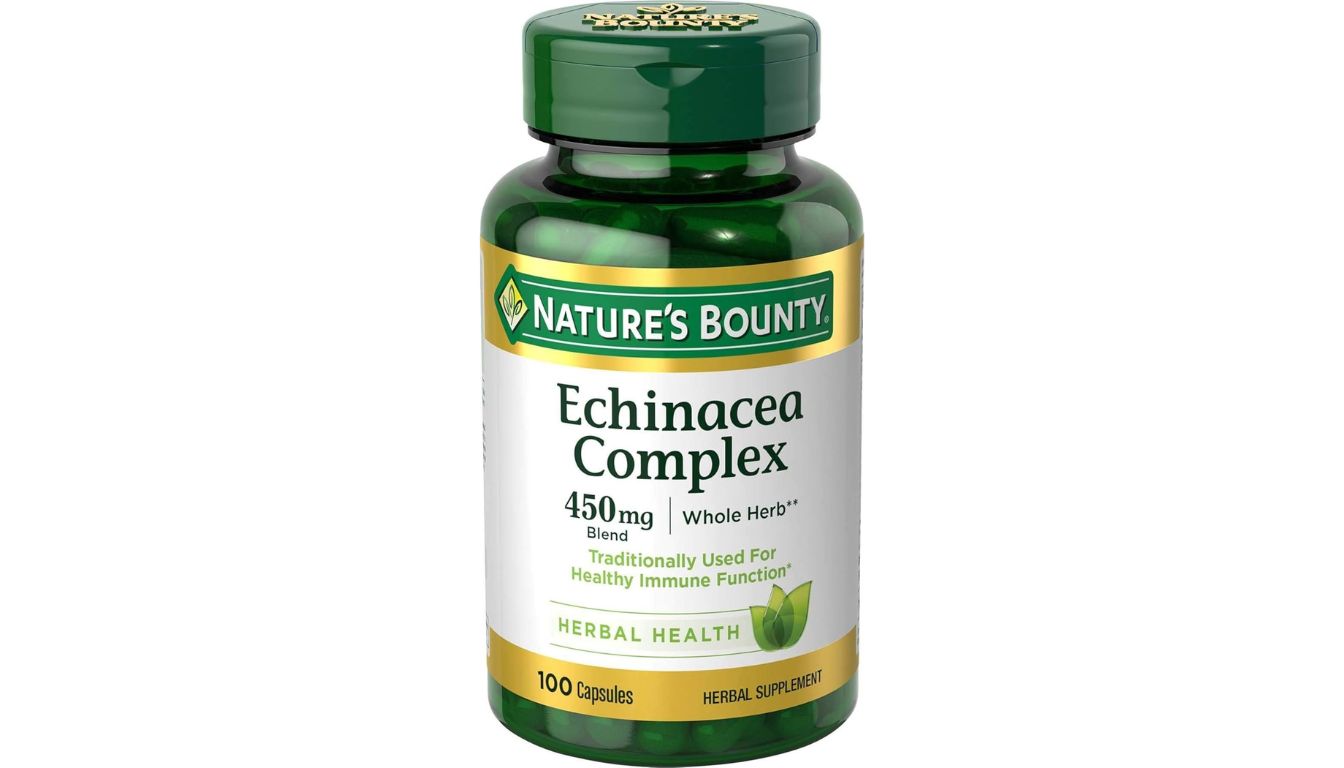 A bottle of Nature's Bounty Echinacea Complex herbal supplement with 100 capsules, featuring a green bottle and yellow label design.