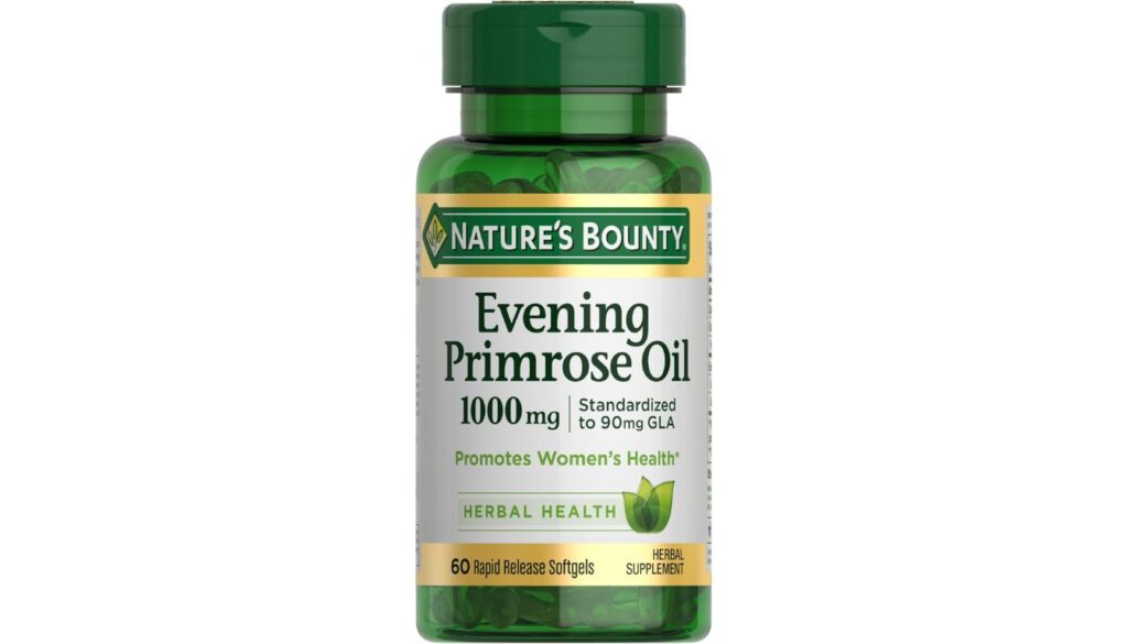 A green bottle of Nature's Bounty Evening Primrose Oil 1000 mg dietary supplement, containing 60 rapid-release softgels.