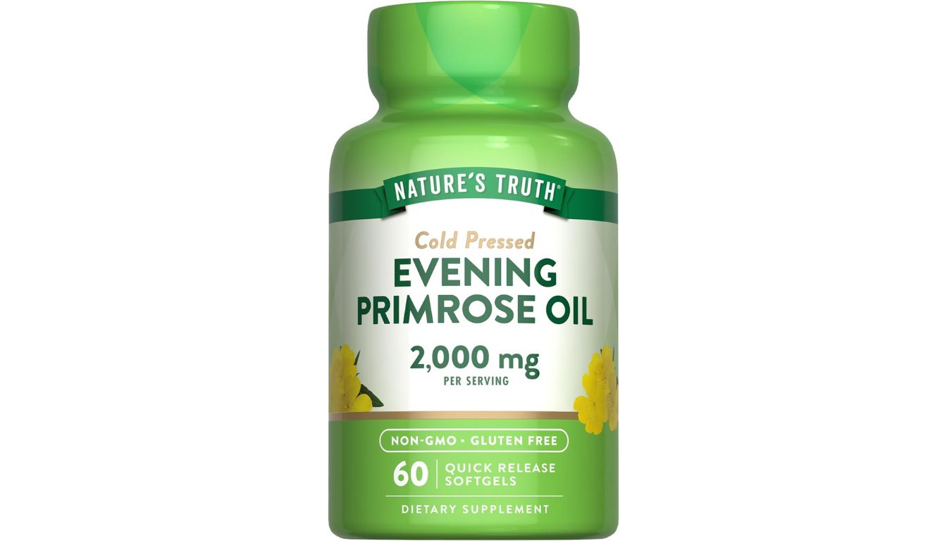 A bottle of Nature's Truth Cold Pressed Evening Primrose Oil, containing 60 quick release softgels with 2,000 mg per serving, marked as non-GMO and gluten-free.