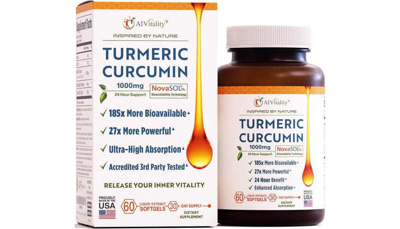 A bottle of Nature's Turmeric Curcumin NovaSOL 1000mg dietary supplement with advanced bioavailability technology.