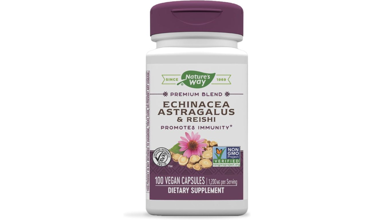 A bottle of Nature's Way Echinacea Astragalus & Reishi supplement with a purple cap and white label, showcasing its immunity-boosting herbal blend in 100 vegan capsules.