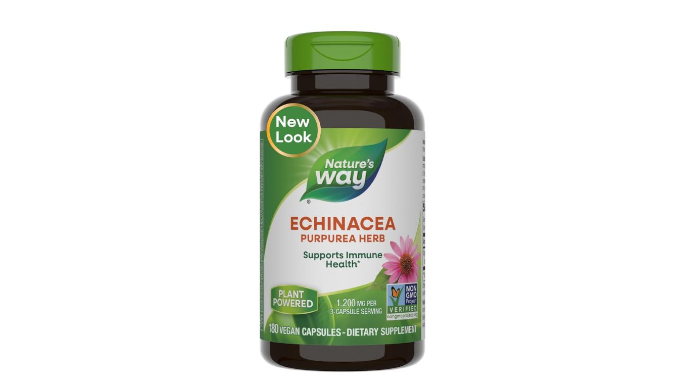 A bottle of Nature's Way Echinacea Purpurea Herb supplement with a green cap, containing 180 vegan capsules for immune health support.