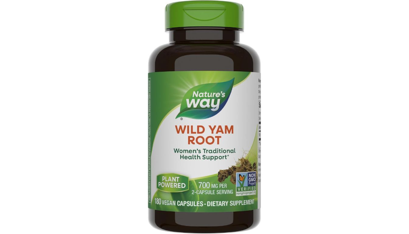 A bottle of Nature's Way Wild Yam Root Women's Health Supplement with a green cap and label, containing 180 vegan capsules.