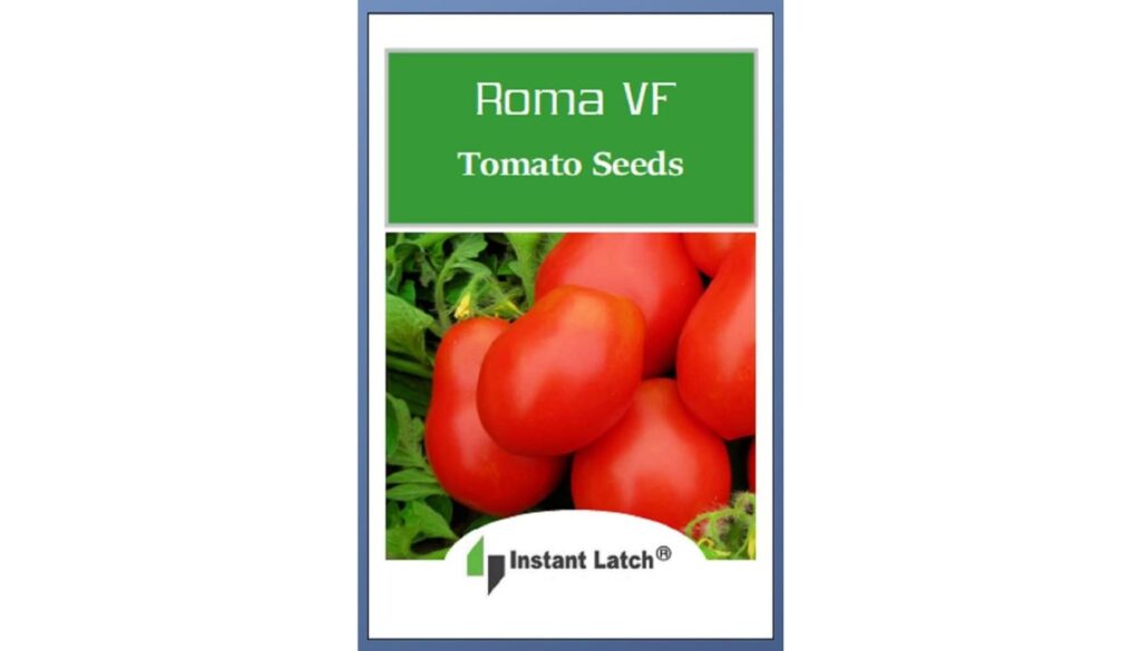 A packet of Roma VF Tomato Seeds from Instant Latch, featuring an image of ripe Roma tomatoes and green leaves.