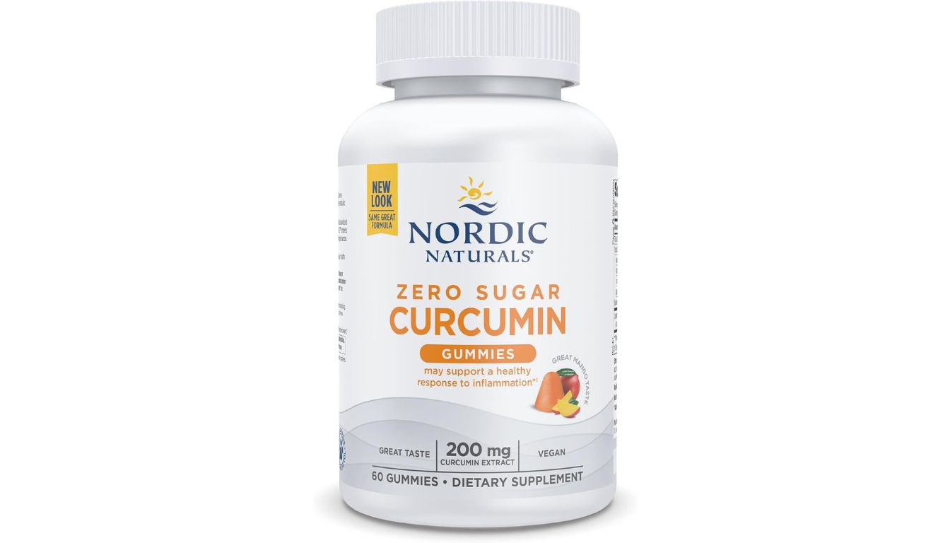 A bottle of Nordic Naturals Zero Sugar Curcumin Gummies, featuring a clean white label with mango illustrations and text highlighting its sugar-free and vegan formulation.