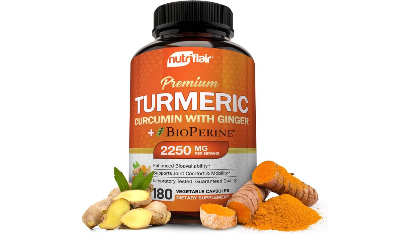 A bottle of NutriFlair Turmeric Curcumin Joint Support Supplement with a clean orange label, featuring 2250 mg turmeric blend and BioPerine for enhanced absorption.