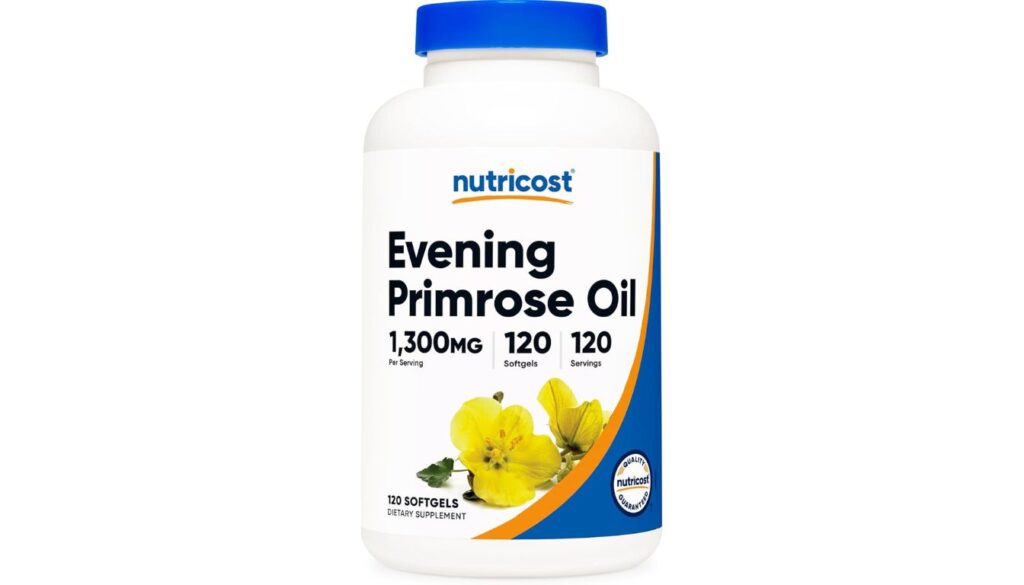 A white bottle of Nutricost Evening Primrose Oil 1300mg dietary supplement, featuring a blue cap and a clean label design.