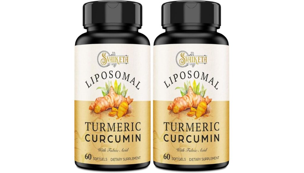 A bottle of Nutrivein Liposomal Turmeric Curcumin dietary supplement with 120 capsules, featuring advanced absorption technology.