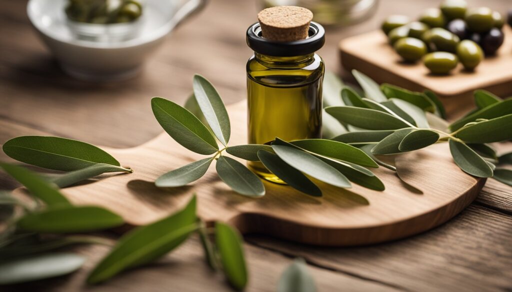 A small bottle of olive leaf extract placed on a wooden table, surrounded by fresh olive leaves and a steaming cup of herbal tea.