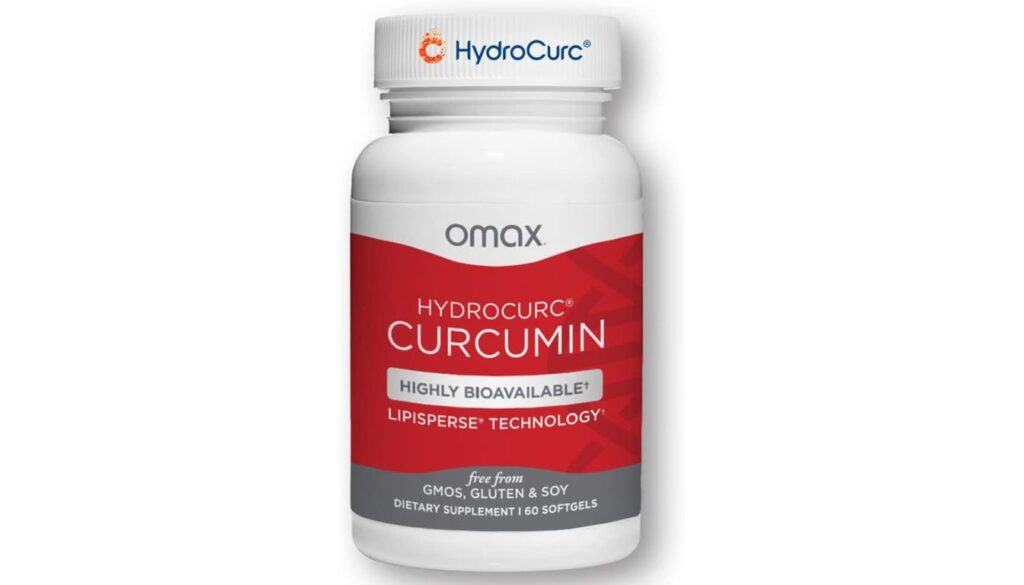 A bottle of Omax HydroCurc Turmeric Curcumin Softgels placed on a clean surface, emphasizing its advanced formula for joint health support.