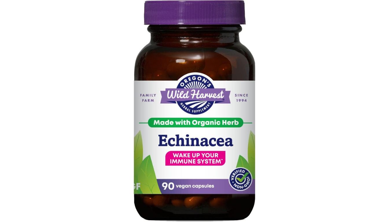 A bottle of Oregon's Wild Harvest Echinacea Organic Herbal Supplement with a purple cap and label, offering 90 vegan capsules for immune support.