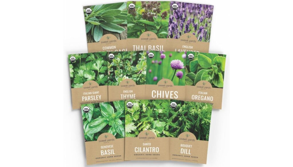 Various packets of organic herb seeds neatly arranged in a variety pack.