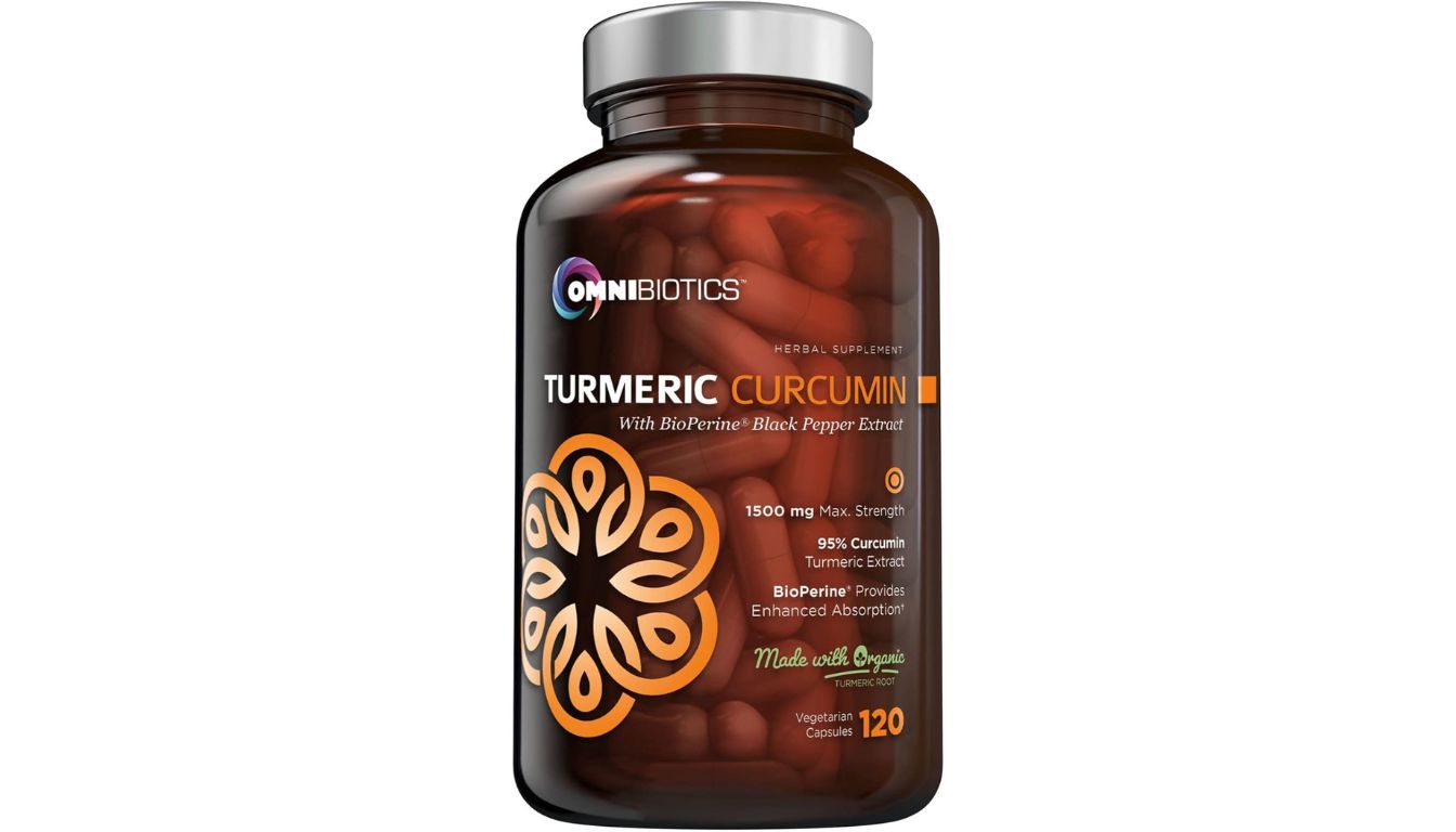 A bottle of organic turmeric curcumin extract supplement with BioPerine, designed for enhanced absorption and joint support.