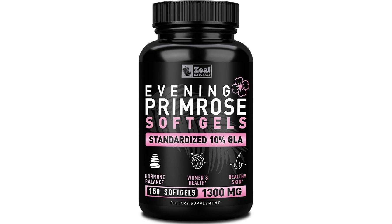 A bottle of Premium Evening Primrose Oil capsules with a blue and gold label, containing 120 softgels.