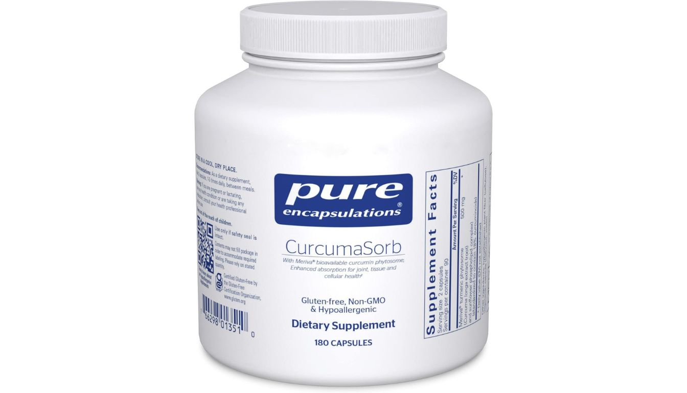 A bottle of Pure Encapsulations CurcumaSorb dietary supplement with 180 capsules, designed for enhanced curcumin absorption.