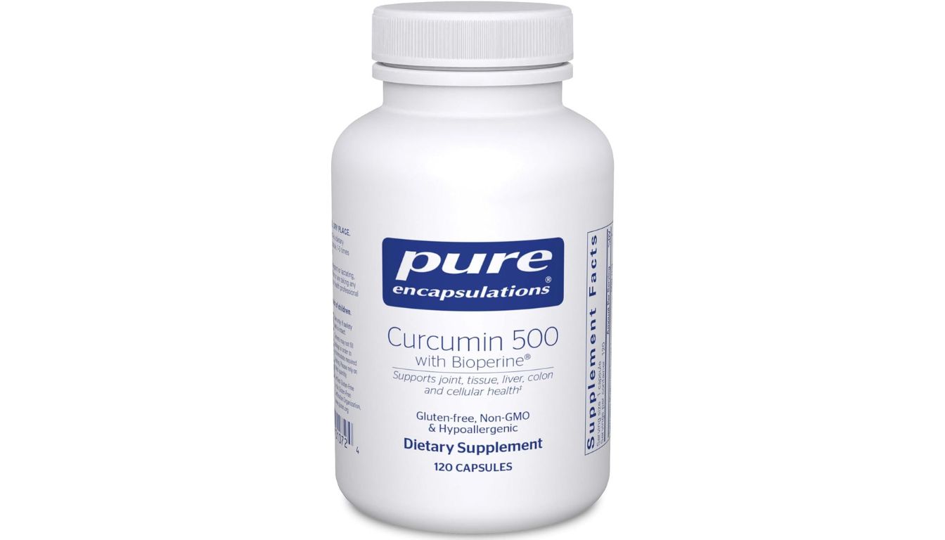 A bottle of Pure Encapsulations Curcumin 500 with Bioperine dietary supplement, featuring a clean white and blue label.