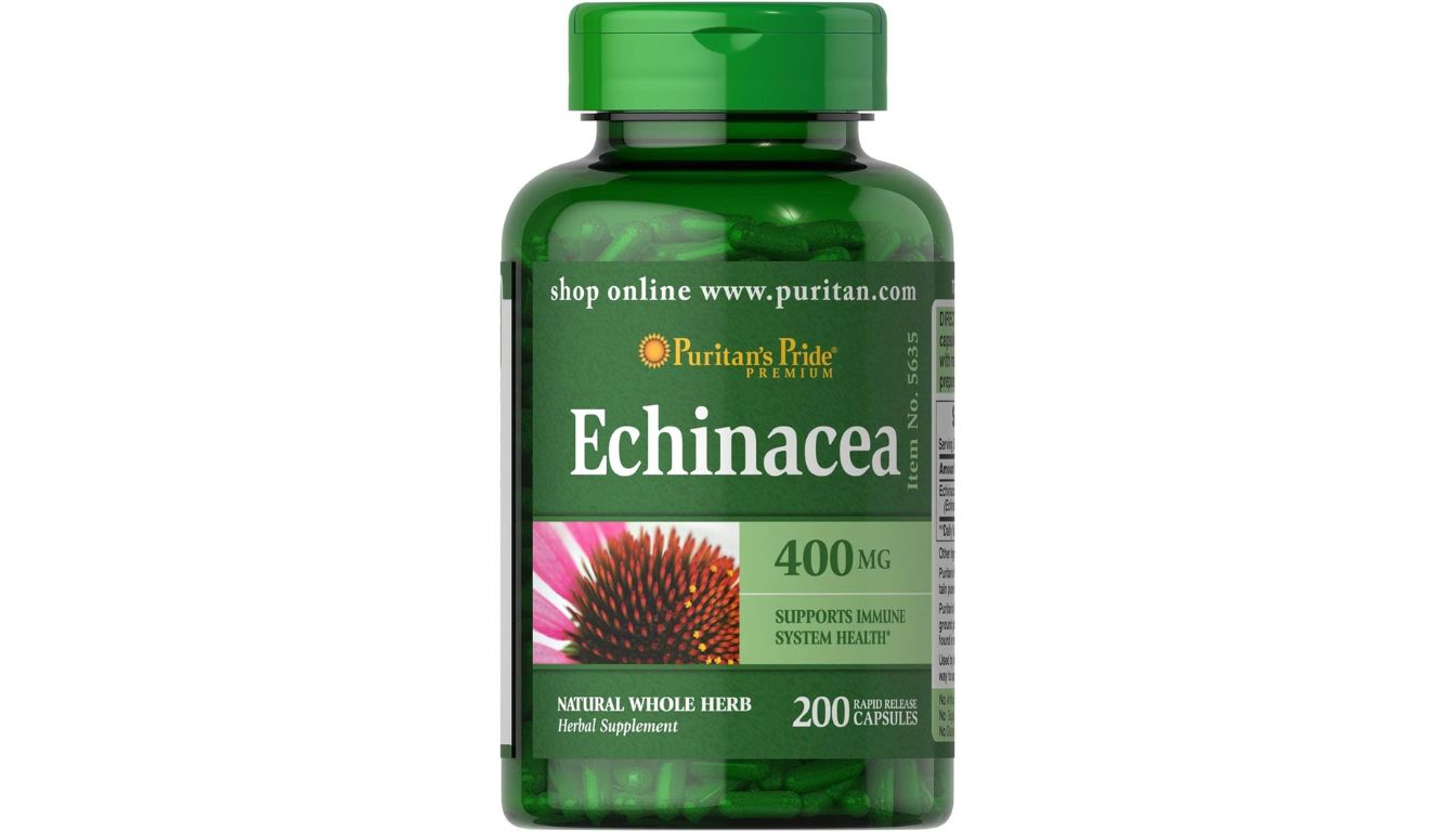 A green bottle of Puritan's Pride Echinacea herbal supplement, containing 200 rapid-release capsules, each with 400 mg of echinacea.