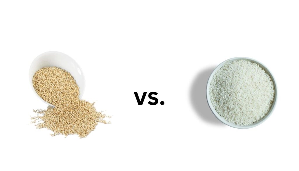A side-by-side view of quinoa and rice in separate bowls, highlighting their visual differences and textures.