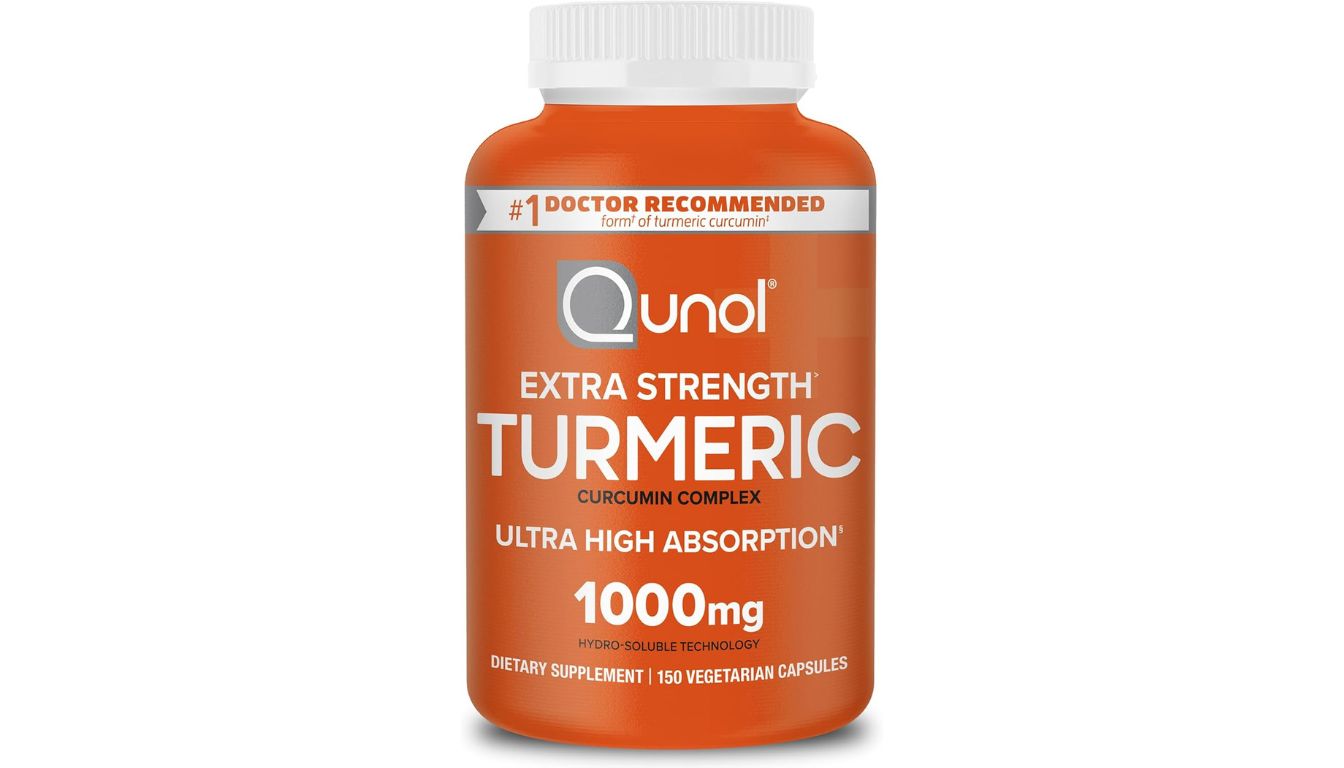 A bottle of Qunol Turmeric Curcumin Supplement with a white cap and orange label, highlighting its high-absorption formula for joint and inflammation support.