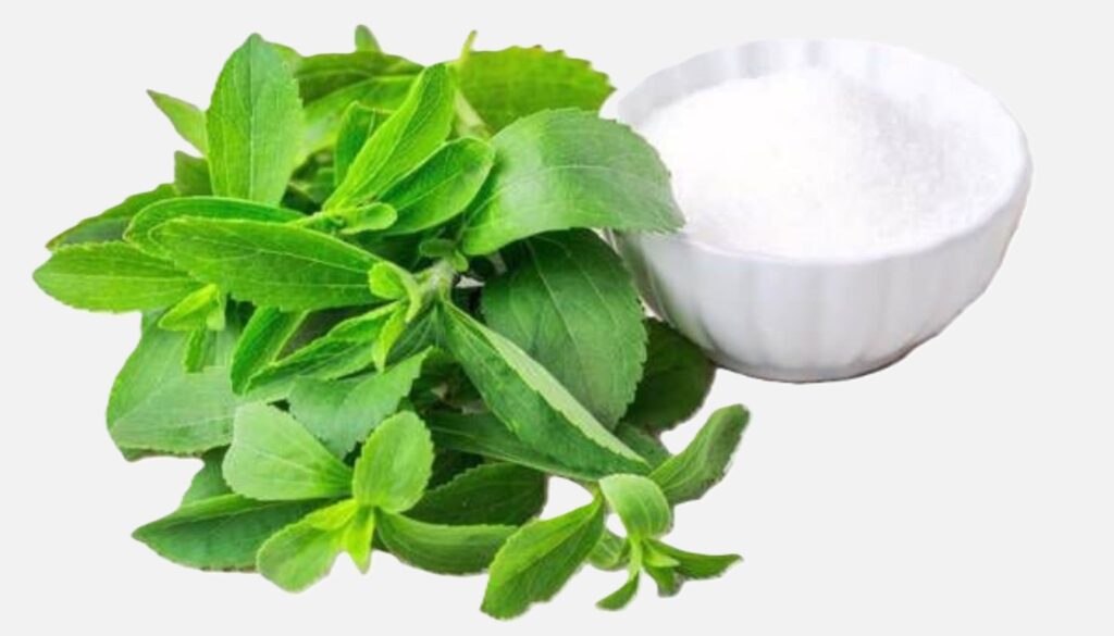 Fresh green stevia leaves placed next to a small white bowl containing stevia powder, showcasing the natural and processed forms of the sugar substitute.