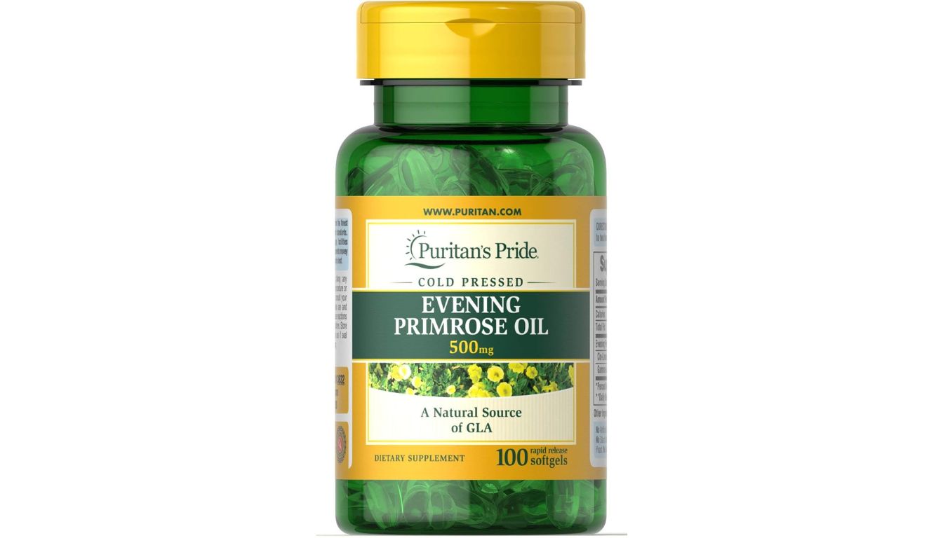 A green bottle of Puritan's Pride Evening Primrose Oil 500mg, featuring 100 rapid-release softgels, with a focus on GLA benefits.