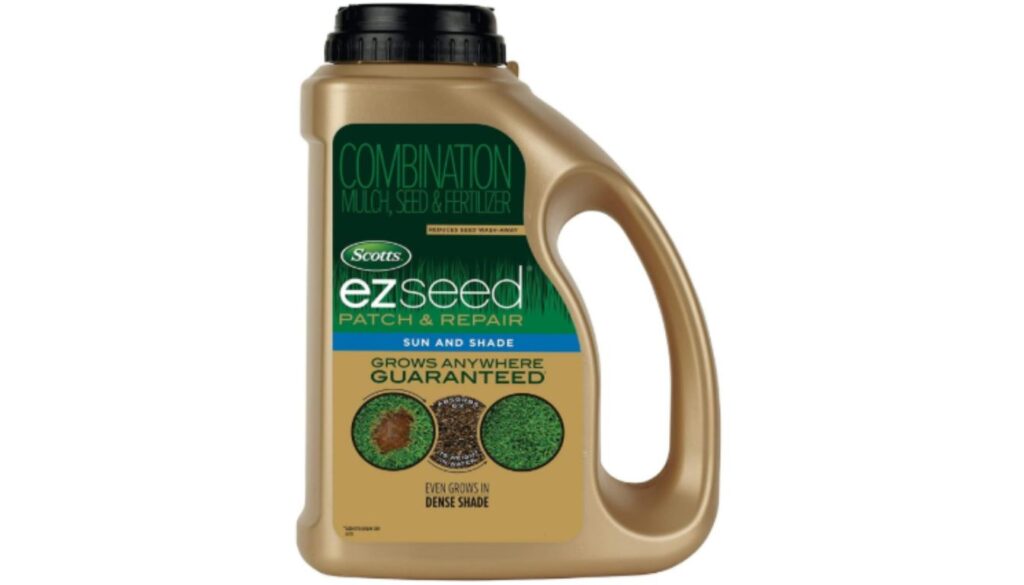 A container of Scotts EZ Seed Patch & Repair Sun and Shade, a combination mulch, seed, and fertilizer product that guarantees growth anywhere, even in dense shade.