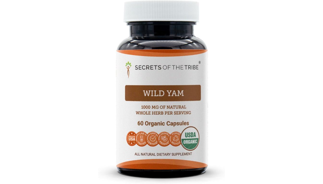 Bottle of Secrets of the Tribe Wild Yam Capsules, 1000 mg, 60 organic capsules.