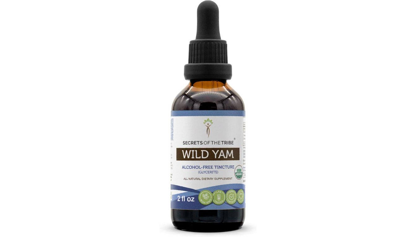 A bottle of Secrets of the Tribe Wild Yam Alcohol-Free Tincture (Glycerite), an all-natural dietary supplement for hormone support, with a 2 fl oz capacity.