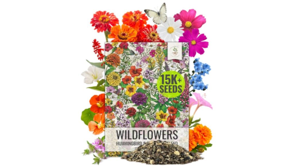 A colorful packet of wildflower seeds labeled "15K+ Seeds" and "Wildflowers Hummingbird & Butterfly Garden" surrounded by various vibrant flowers and a butterfly.