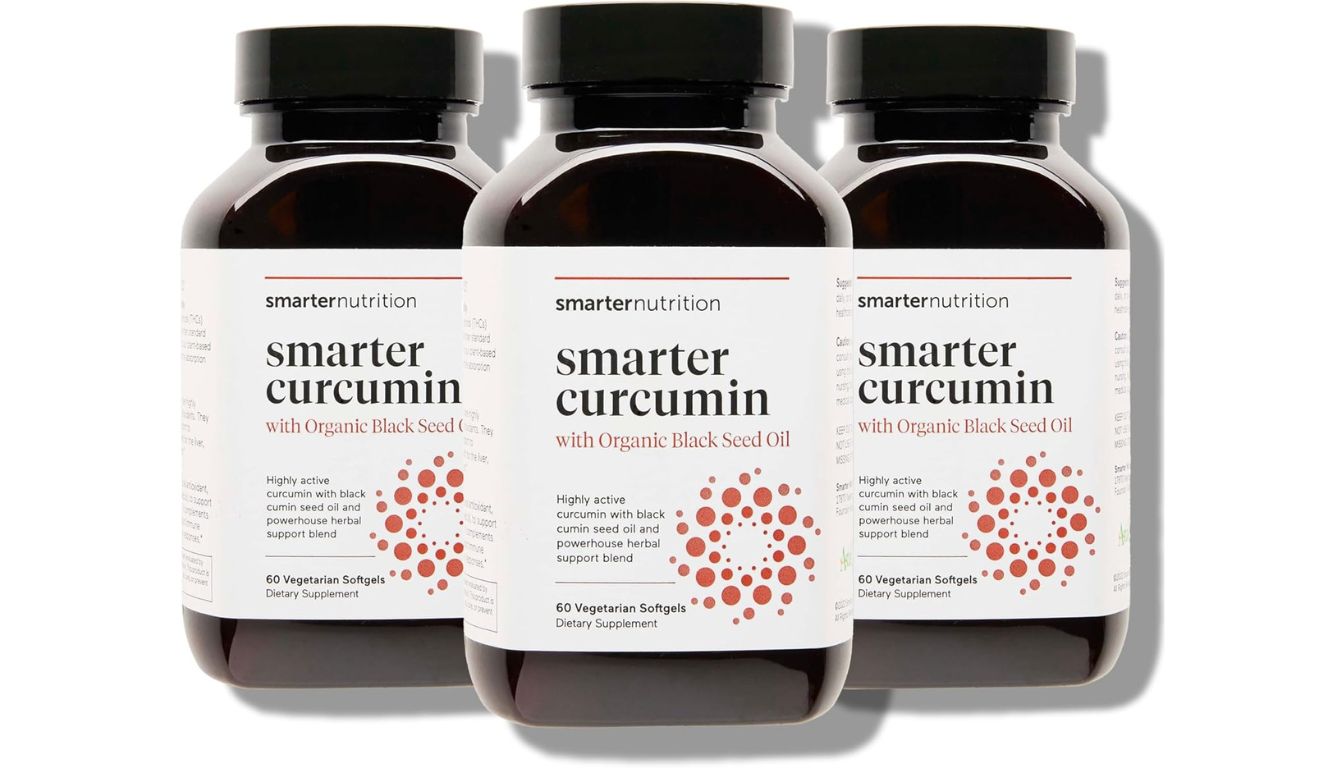 A bottle of Smarter Nutrition Curcumin Softgels, featuring a sleek design with a black cap and a white label highlighting its key ingredients.