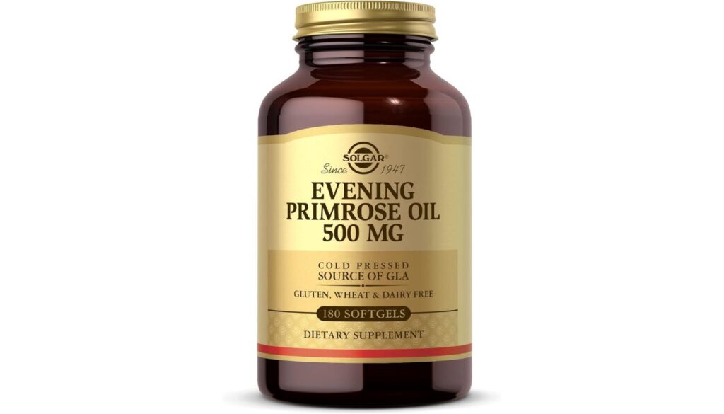 A dark amber bottle of Solgar Evening Primrose Oil 500 mg supplement with a gold cap and label, featuring a gluten, wheat, and dairy-free formula.