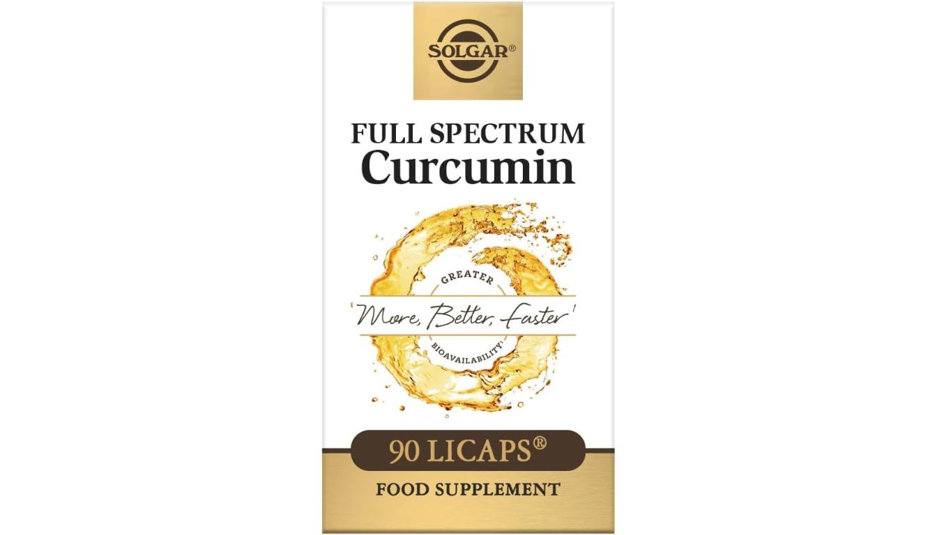 A bottle of Solgar Full Spectrum Curcumin dietary supplement with a gold and white label, highlighting its advanced absorption and bioavailability.