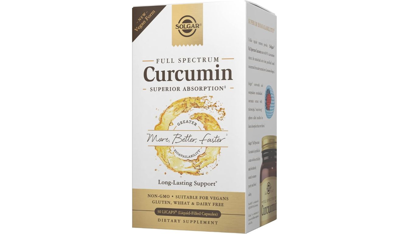 A box of Solgar Full Spectrum Curcumin dietary supplement, highlighting its vegan formula and superior absorption.