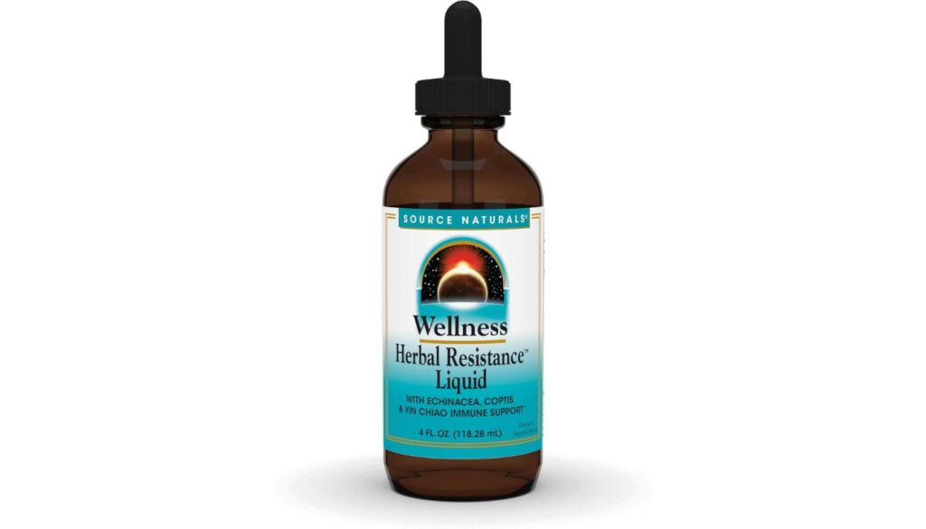A bottle of Source Naturals Wellness Herbal Resistance Liquid with a dropper, featuring an amber glass design and a label promoting immune support with traditional herbs.
