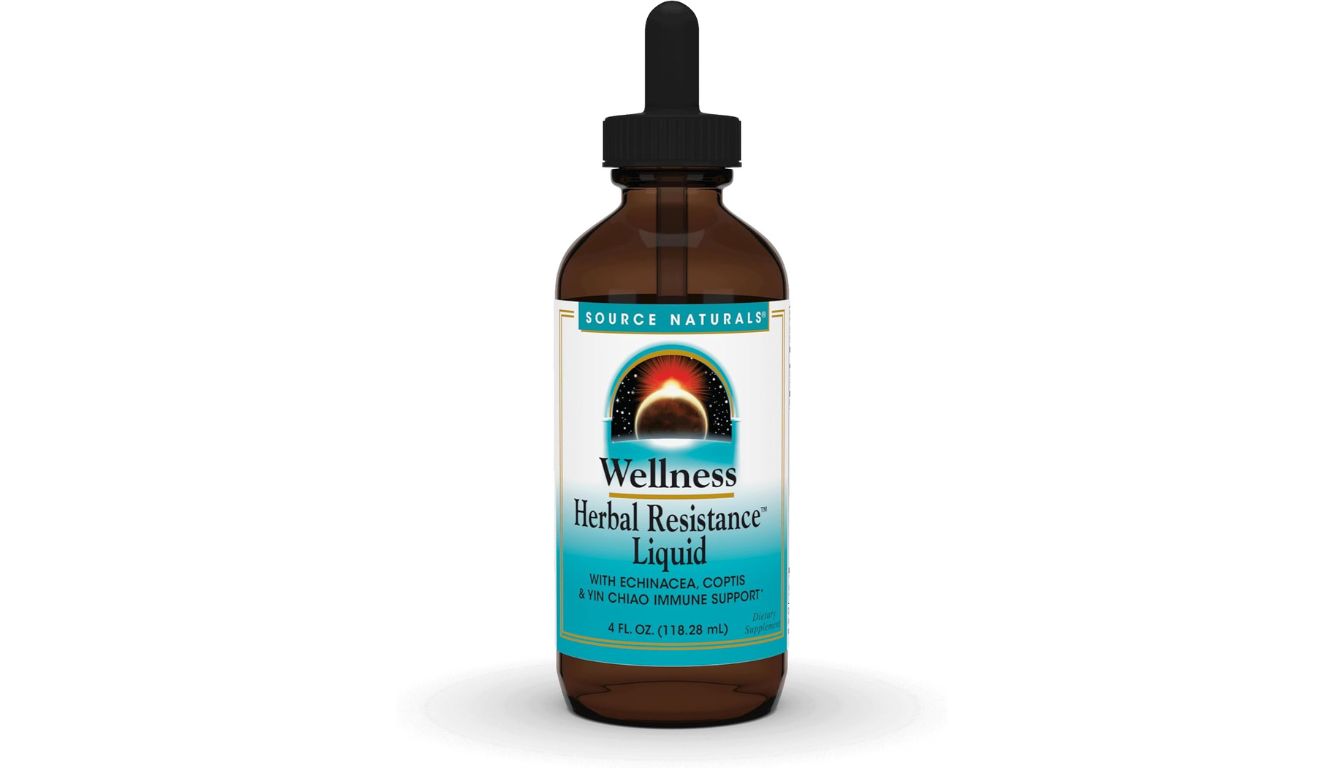 A bottle of Source Naturals Wellness Herbal Resistance Liquid with a dropper, featuring an amber glass design and a label promoting immune support with traditional herbs.