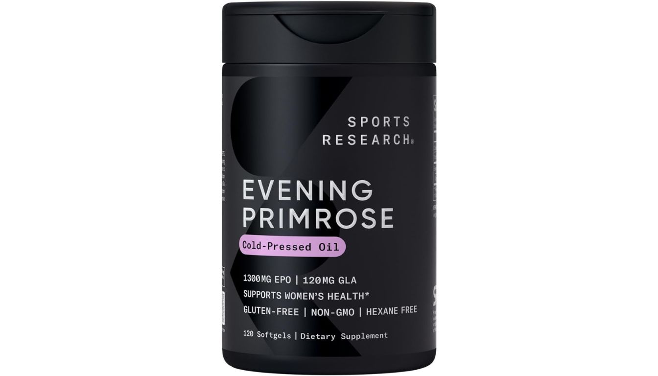 A black bottle of Sports Research Evening Primrose Oil 1300mg displayed on a clean surface, emphasizing its dietary supplement label.