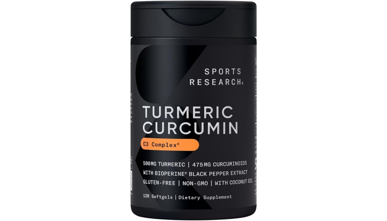 A black bottle of Sports Research Turmeric Curcumin C3 Complex softgels with an orange label, featuring 500 mg turmeric and BioPerine for enhanced absorption.