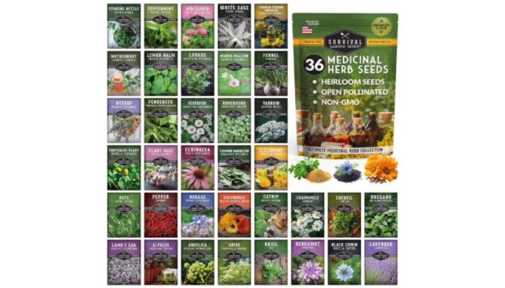 A collection of 36 medicinal herb seed packets from Survival Garden Seeds, featuring a variety of herbs such as peppermint, red clover, white sage, and lavender. The packaging highlights that the seeds are heirloom, open-pollinated, and non-GMO.