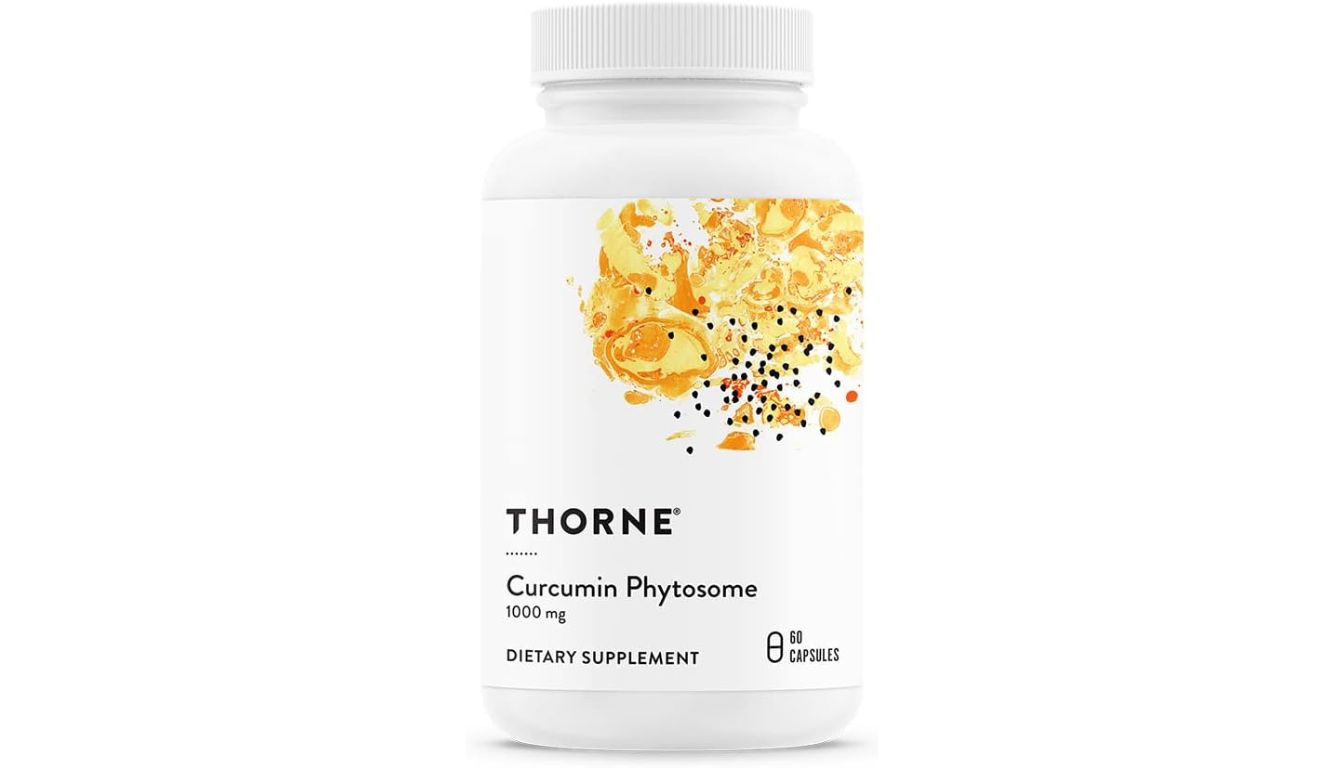 A white bottle of THORNE Curcumin Phytosome 1000 mg (Meriva) dietary supplement with a clean label design, featuring 60 capsules for joint and inflammation support.