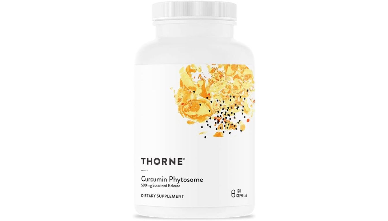 A white bottle of THORNE Curcumin Phytosome 500 mg (Meriva) with a clean, minimalistic label design, featuring 120 capsules for joint and inflammation support.