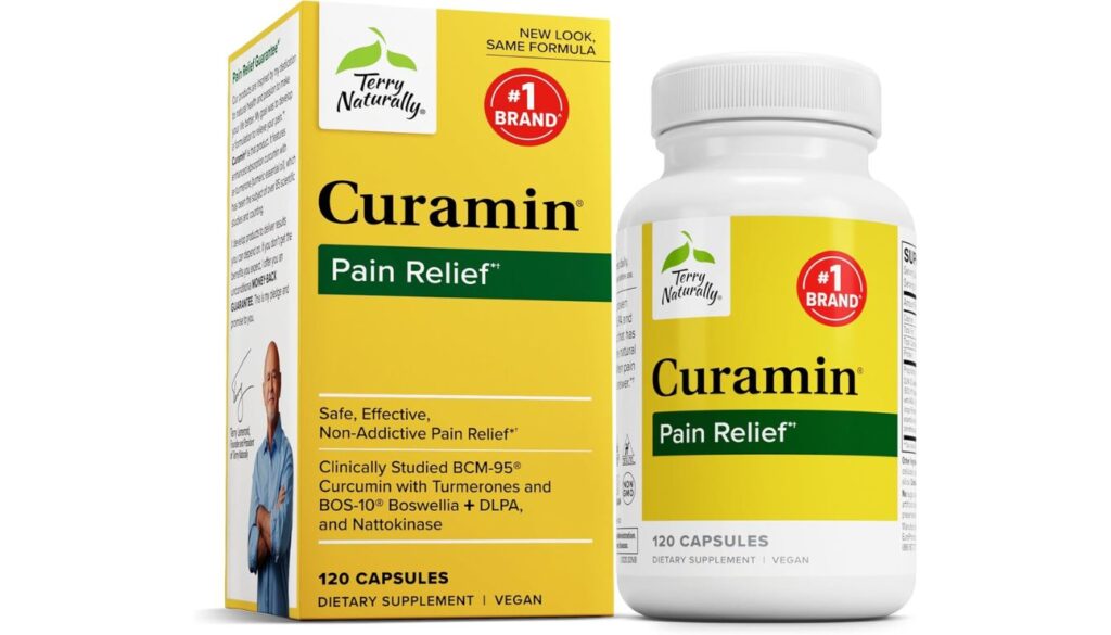 A bottle of Terry Naturally Curamin 120 Capsules Pain Relief supplement, featuring a yellow and white label with green accents, highlighting its natural ingredients and effectiveness.