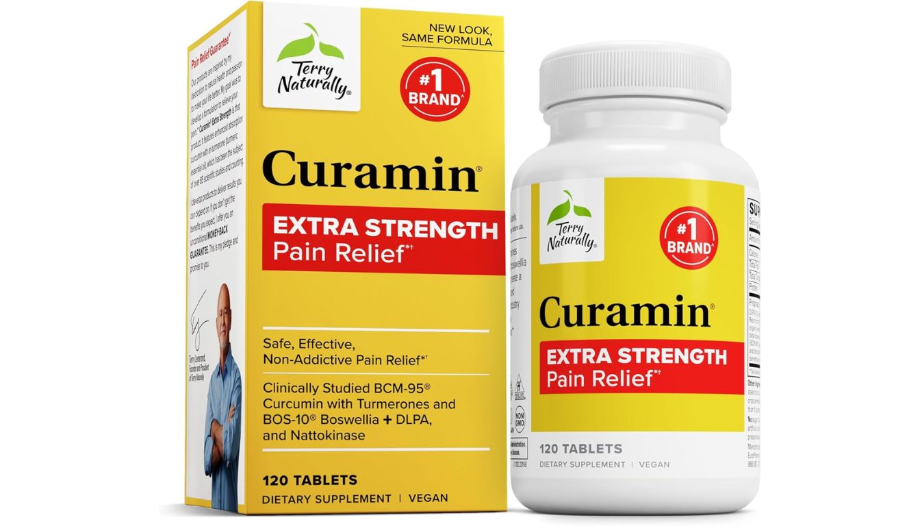 Terry Naturally Curamin Extra Strength 120 Tablets bottle and box with vibrant packaging.