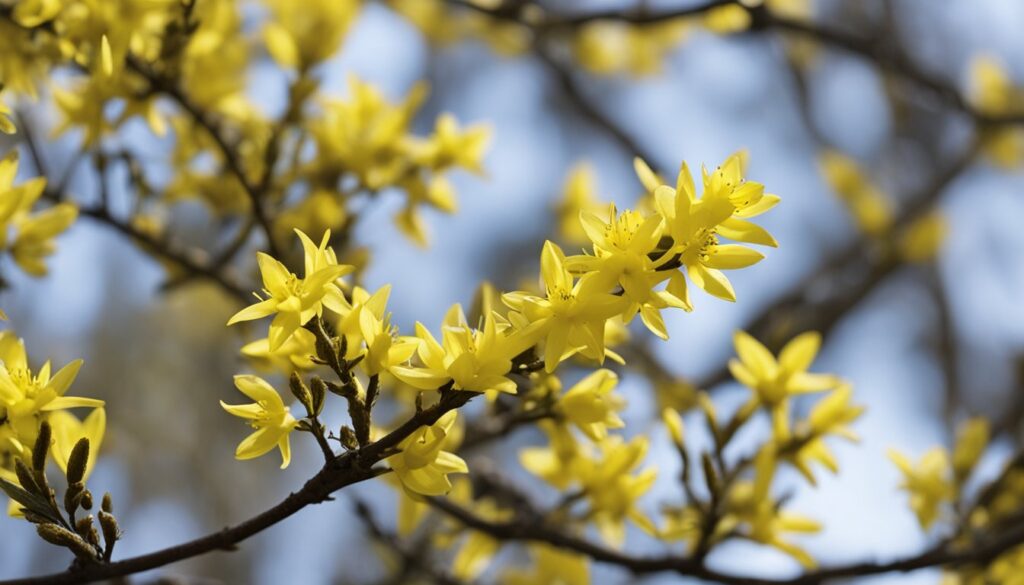A gardener using pruning shears to trim rose bushes in early spring, surrounded by fresh buds and sprouting greenery.